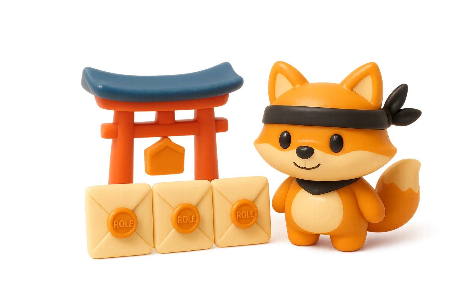 Claymation ninja-fox mascot beside three clay envelopes each stamped with an amber ROLE seal, representing shared-inbox role addresses like info@ and support@.