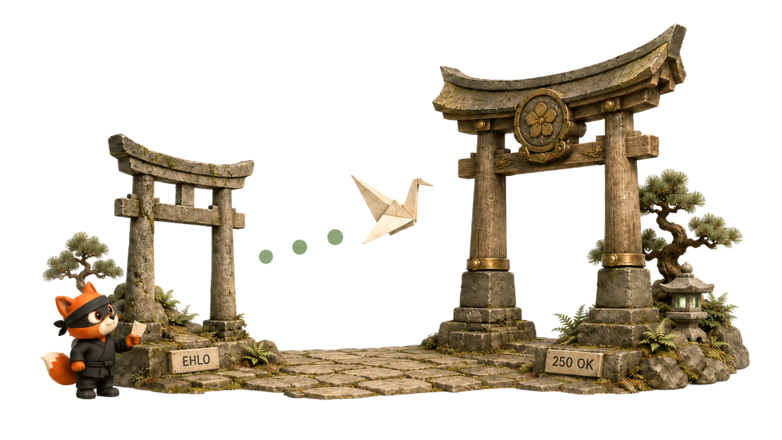 Origami paper crane flying between two stone temple gates. Client gate marked EHLO on the left, server gate marked 250 OK on the right. Fox mascot watching from the base.