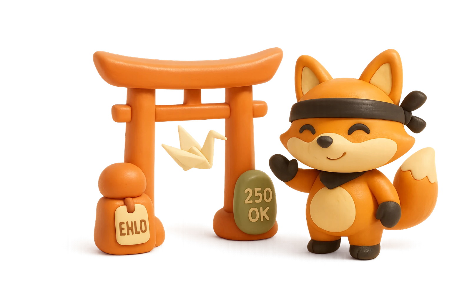 Claymation ninja-fox mascot watching a clay paper crane pass between two clay gateposts marked EHLO and 250 OK, representing the SMTP handshake.