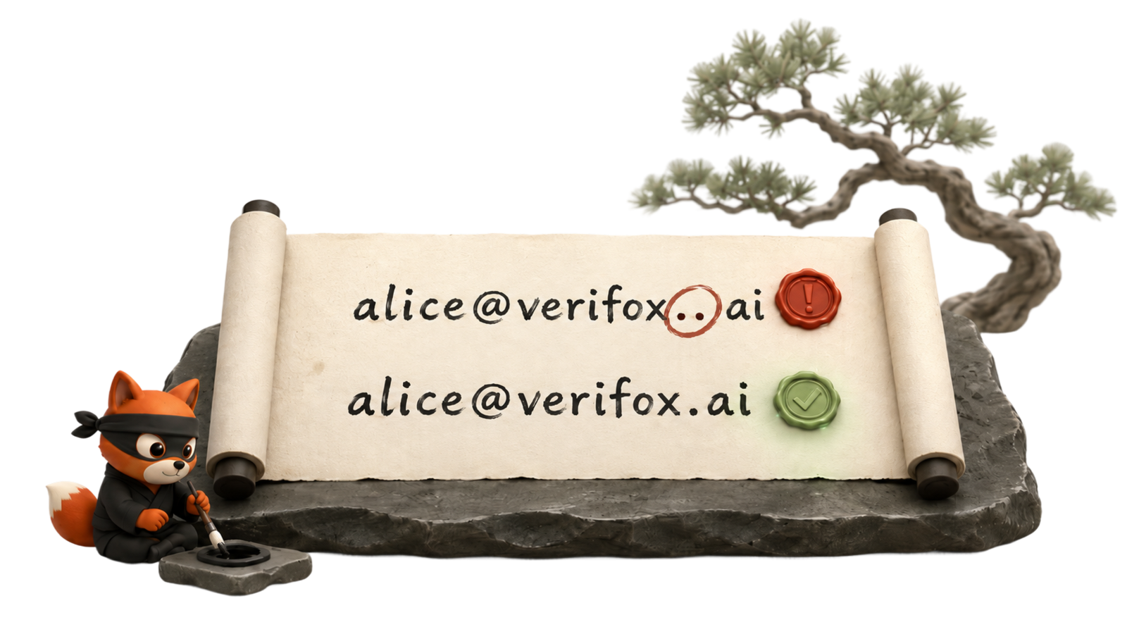 Unfurled washi-paper scroll on a stone plinth showing two calligraphy lines. The broken 'alice@verifox..ai' marked with a red error seal, then the corrected 'alice@verifox.ai' sealed with a sage-green wax stamp. Fox mascot at the left holding an ink brush mid-stroke.