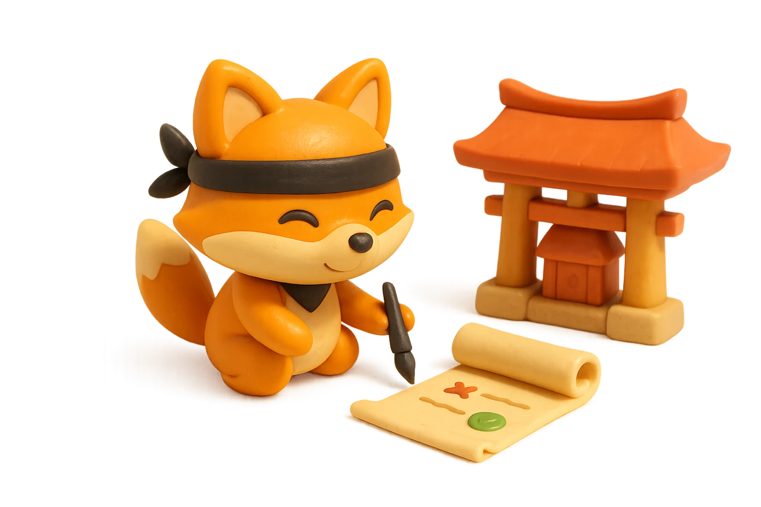 Claymation ninja-fox mascot holding a clay ink brush beside an unrolled clay scroll: a typo email address marked with a red X seal and the corrected address with a sage-green check seal.