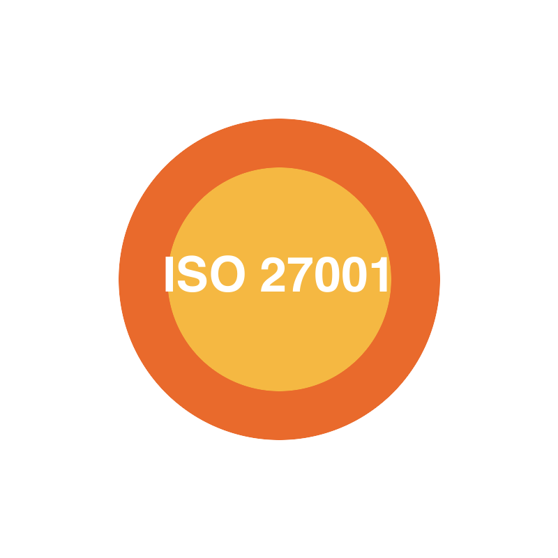 Claymation-style badge with eight burnt-orange plasticine petals around a glossy warm-yellow centre disc, the text ISO 27001 pressed in cream-white clay.