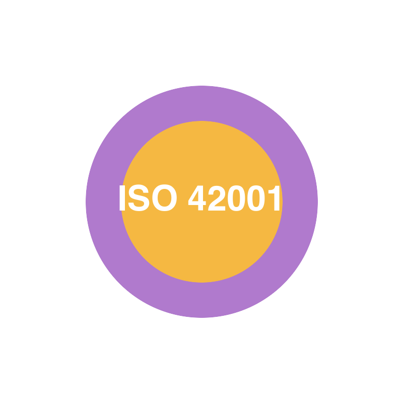Claymation-style badge with eight lilac-purple plasticine petals around a glossy warm-yellow centre disc, the text ISO 42001 pressed in cream-white clay.