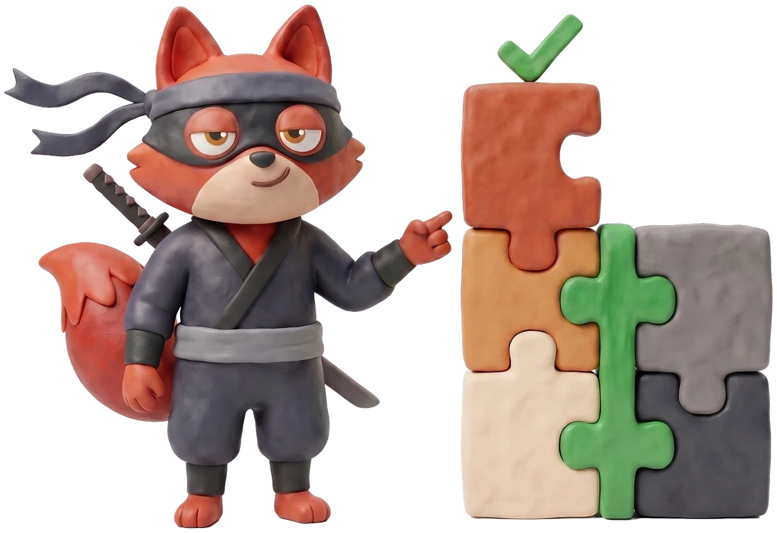 Verifox clay fox beside clay building blocks slotting together with a green clay connector.