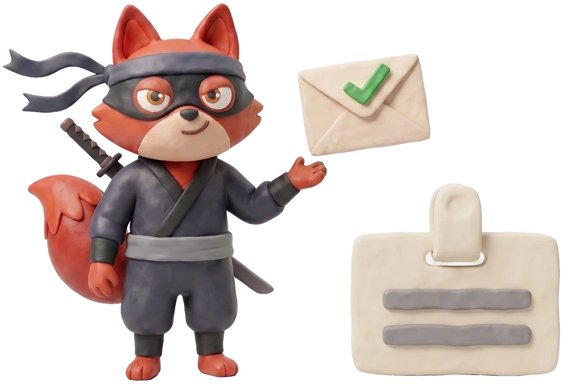 Verifox clay fox holding a single green-ticked clay envelope beside a clay name badge.