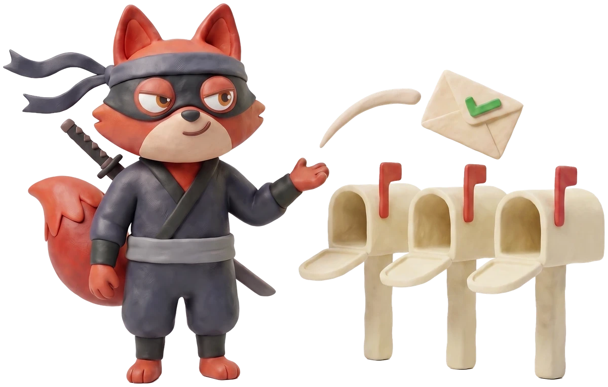 Verifox clay fox beside three clay mailboxes passing a green-ticked envelope between them.