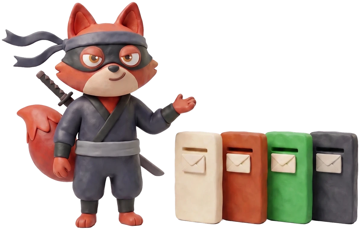 Verifox clay fox presenting four differently coloured clay mailbox panels, each holding an envelope.