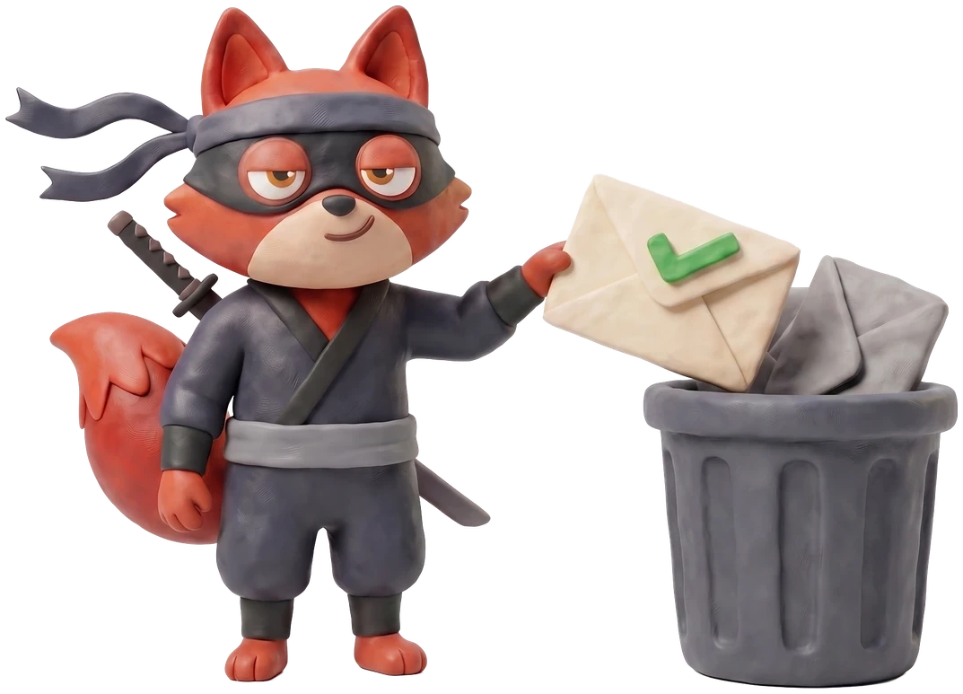 Verifox clay fox lifting a green-ticked clay envelope back out of a grey waste bin.