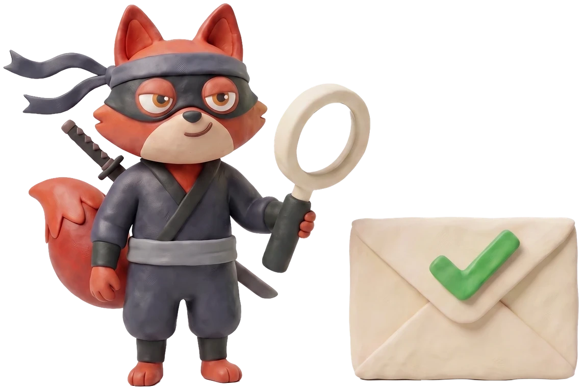 Verifox clay fox inspecting a large clay envelope through a clay magnifying glass.