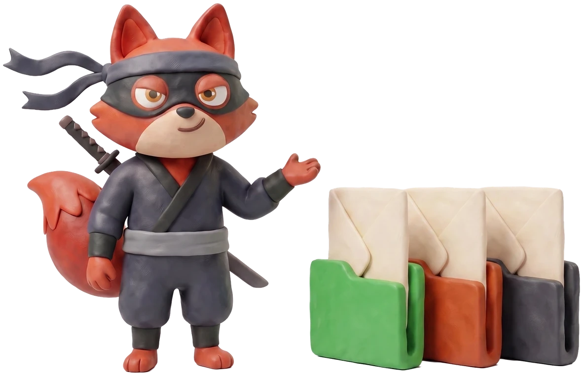 Verifox clay fox presenting three coloured clay folder pockets, each holding an envelope.