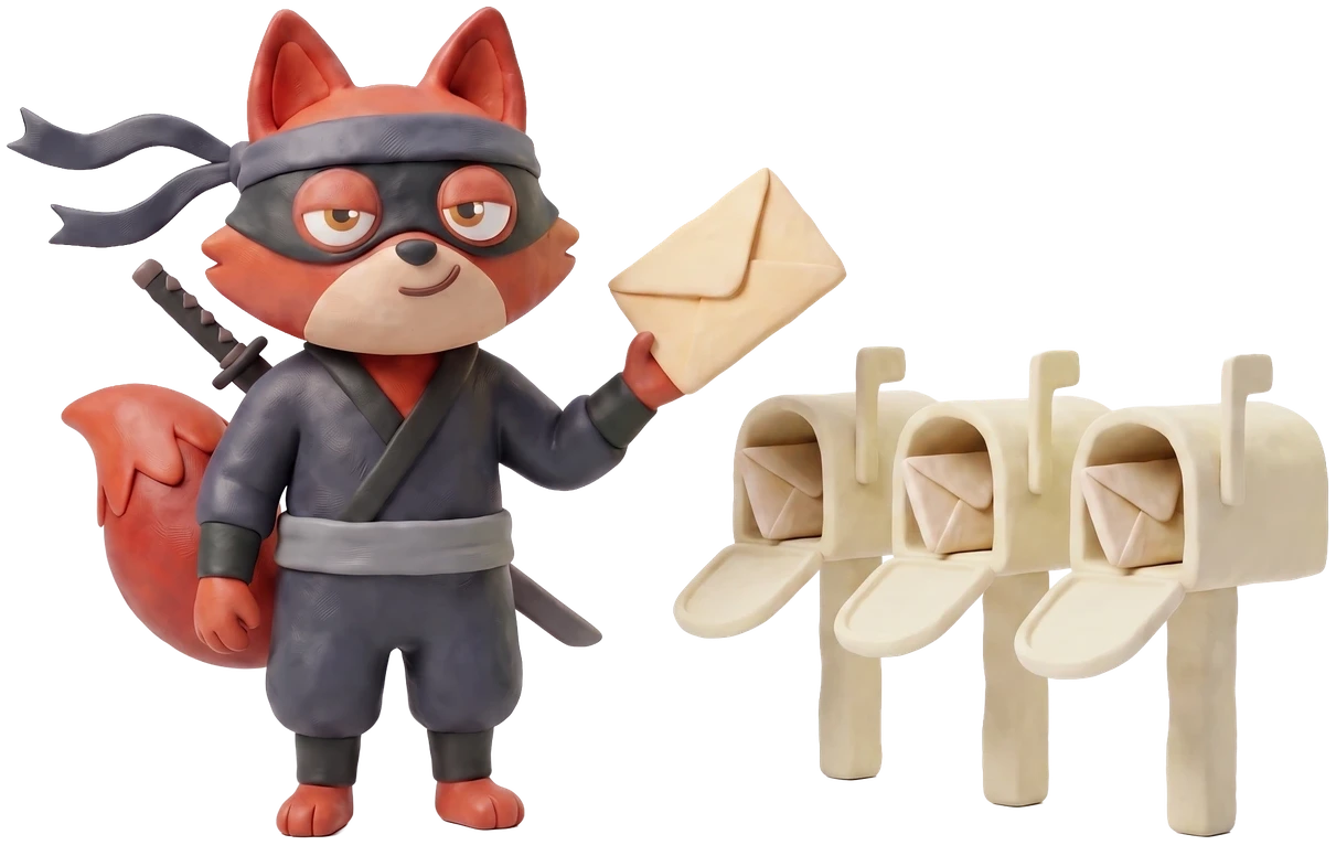 Verifox clay fox holding an envelope beside a row of clay mailboxes, each holding a letter.