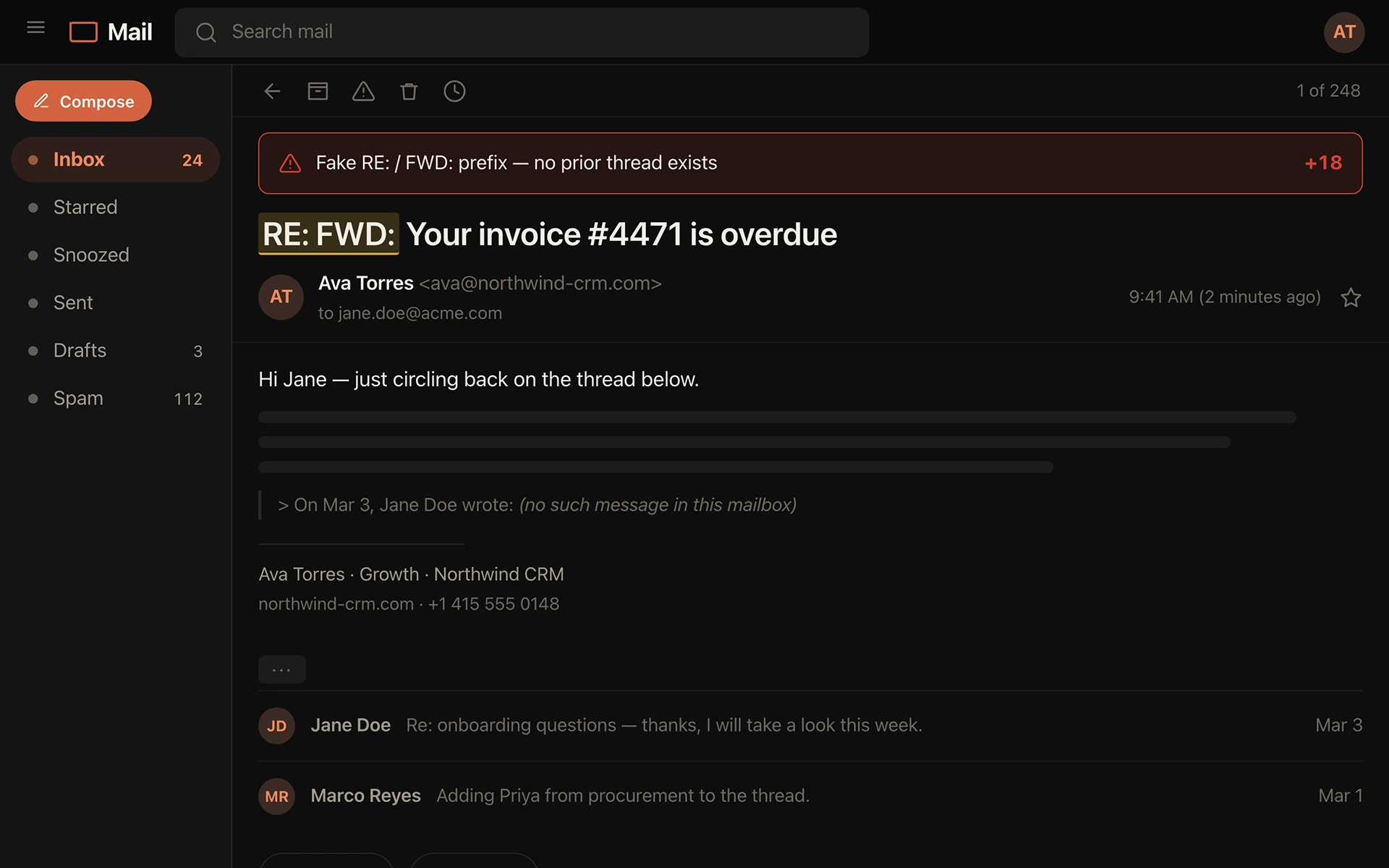 Draft review screen: a subject line reading RE: FWD: Your invoice #4471 is overdue, with the fake reply prefix highlighted and flagged as having no prior thread.