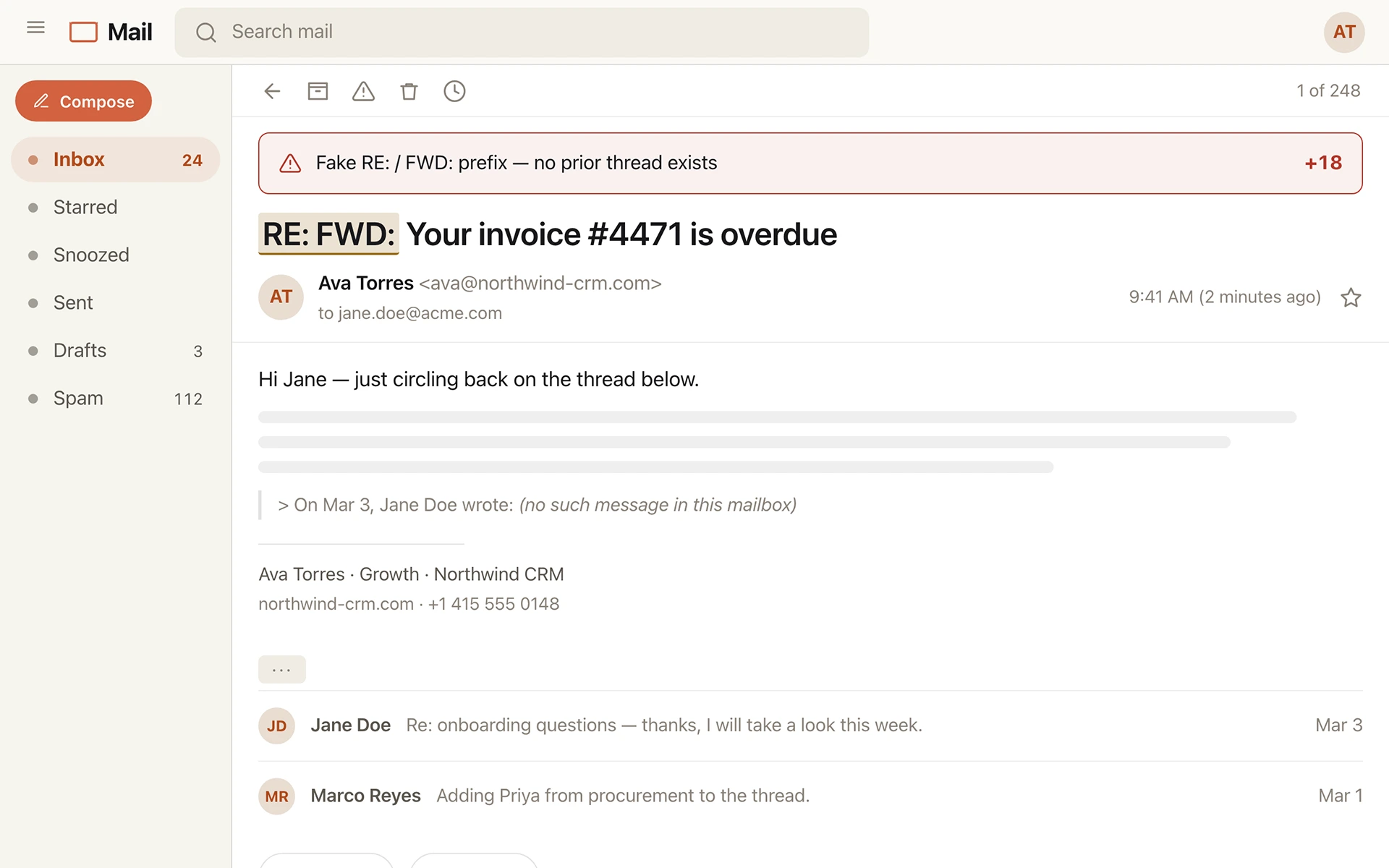 Draft review screen: a subject line reading RE: FWD: Your invoice #4471 is overdue, with the fake reply prefix highlighted and flagged as having no prior thread.