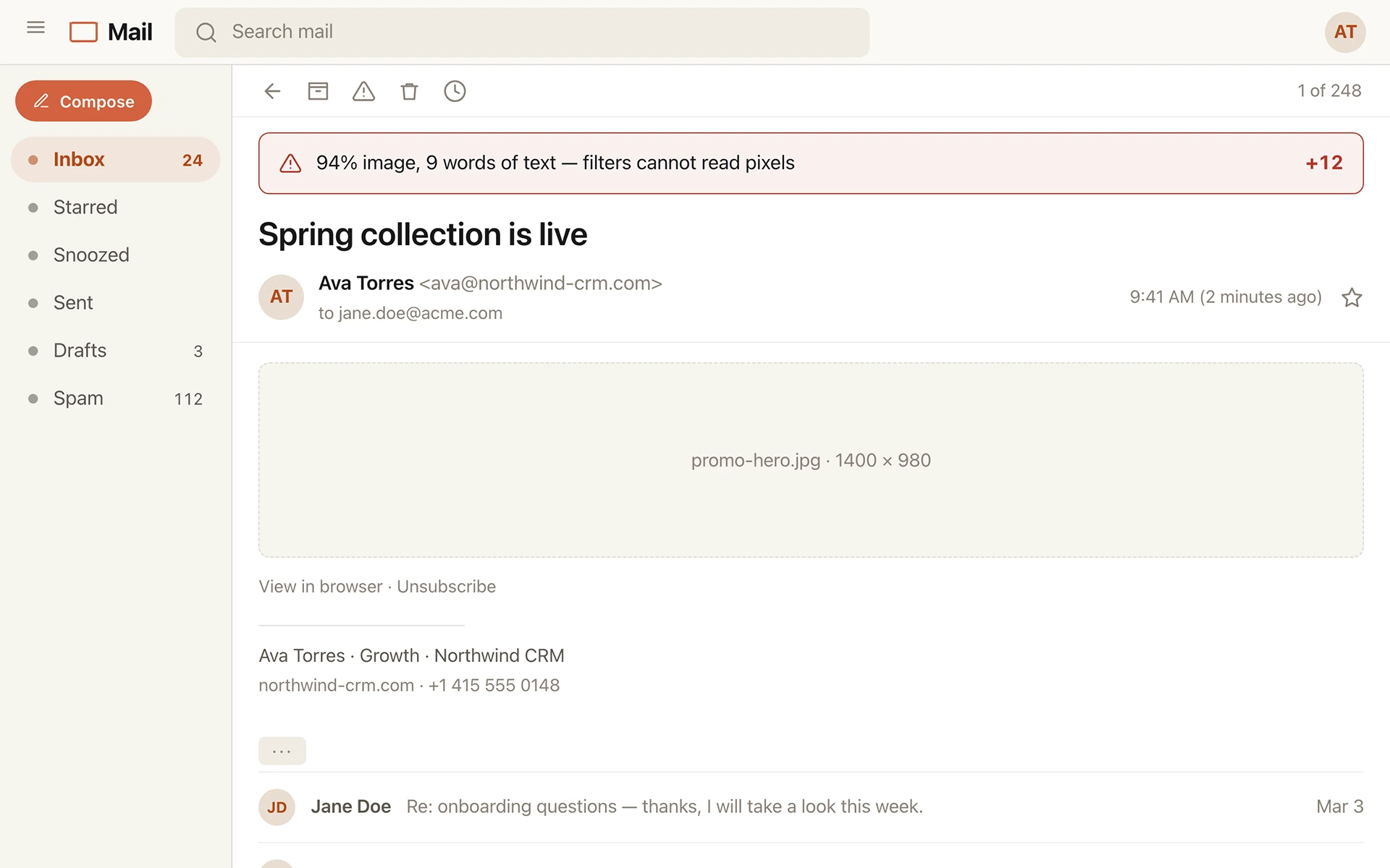 Draft review screen: an email body that is one large promotional image with a single line of text, flagged as 94 percent image and nine words.