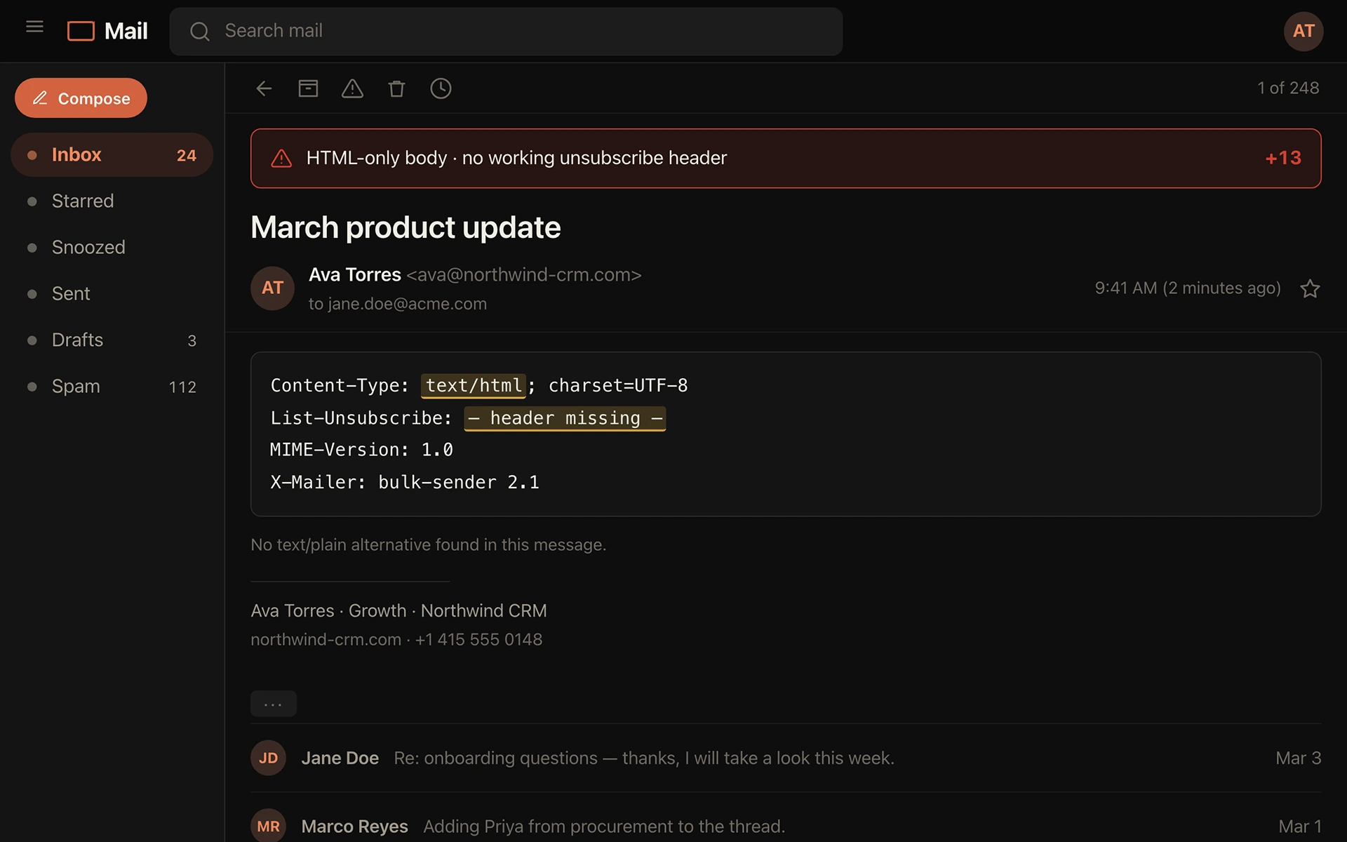 Draft review screen: message headers showing a text/html content type and a missing List-Unsubscribe header, both highlighted.