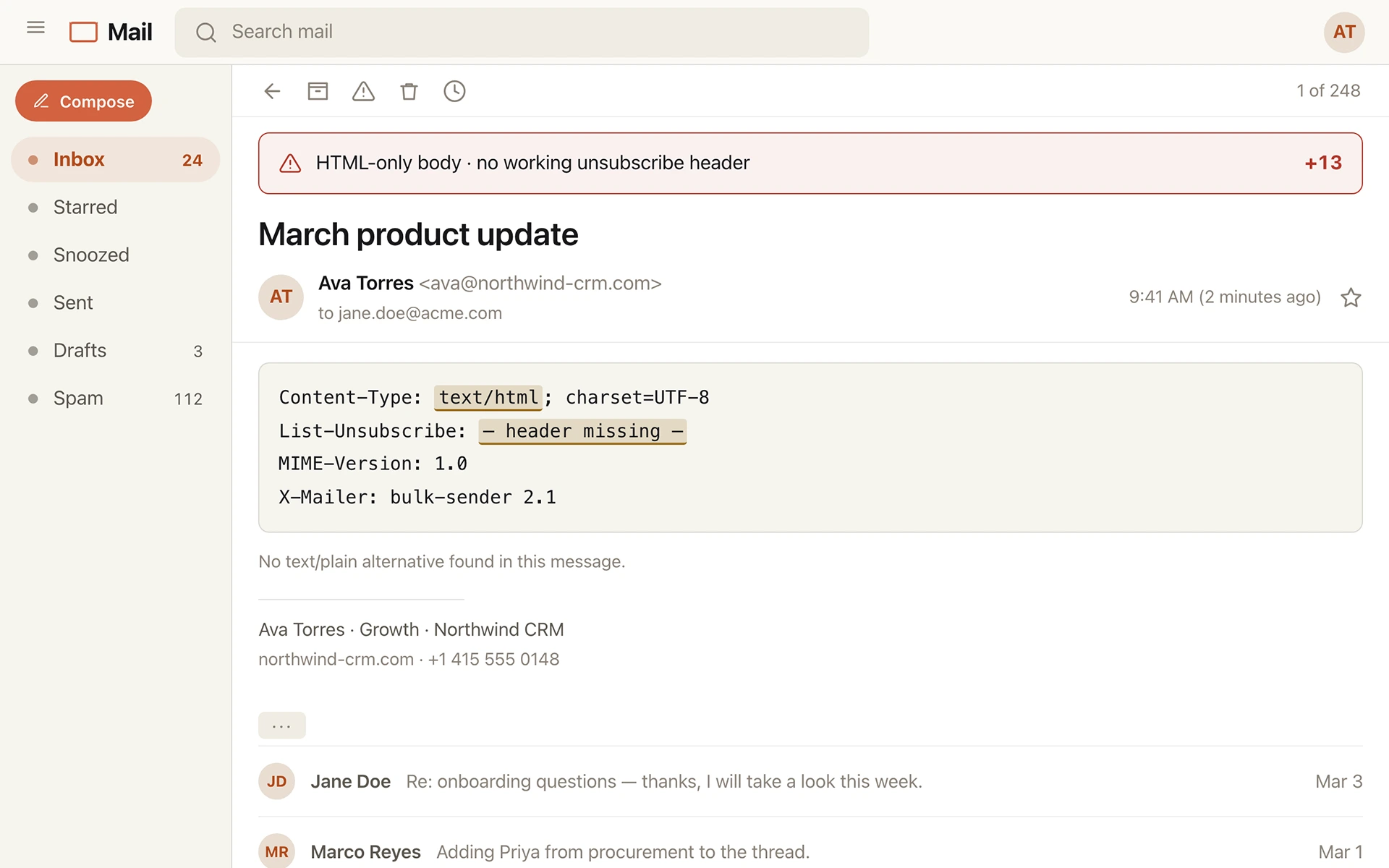 Draft review screen: message headers showing a text/html content type and a missing List-Unsubscribe header, both highlighted.