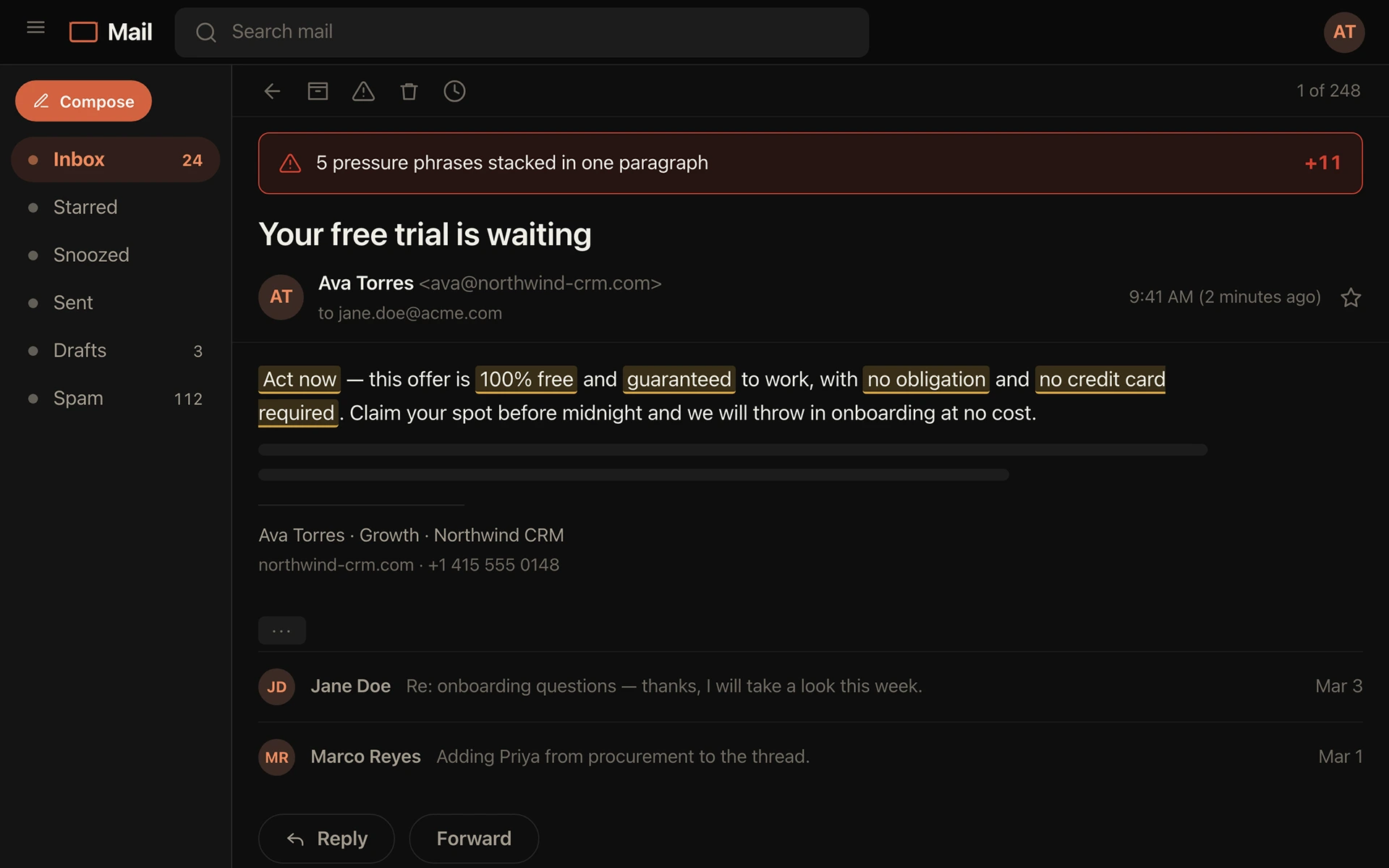 Draft review screen: a paragraph with five pressure phrases highlighted in a single block of copy, flagged as stacked pressure phrases.