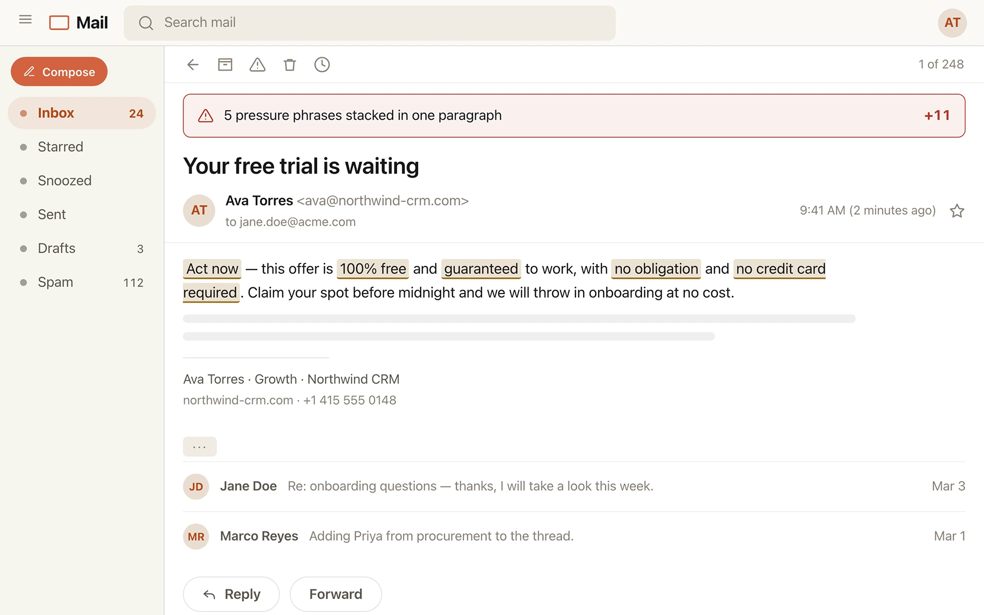 Draft review screen: a paragraph with five pressure phrases highlighted in a single block of copy, flagged as stacked pressure phrases.