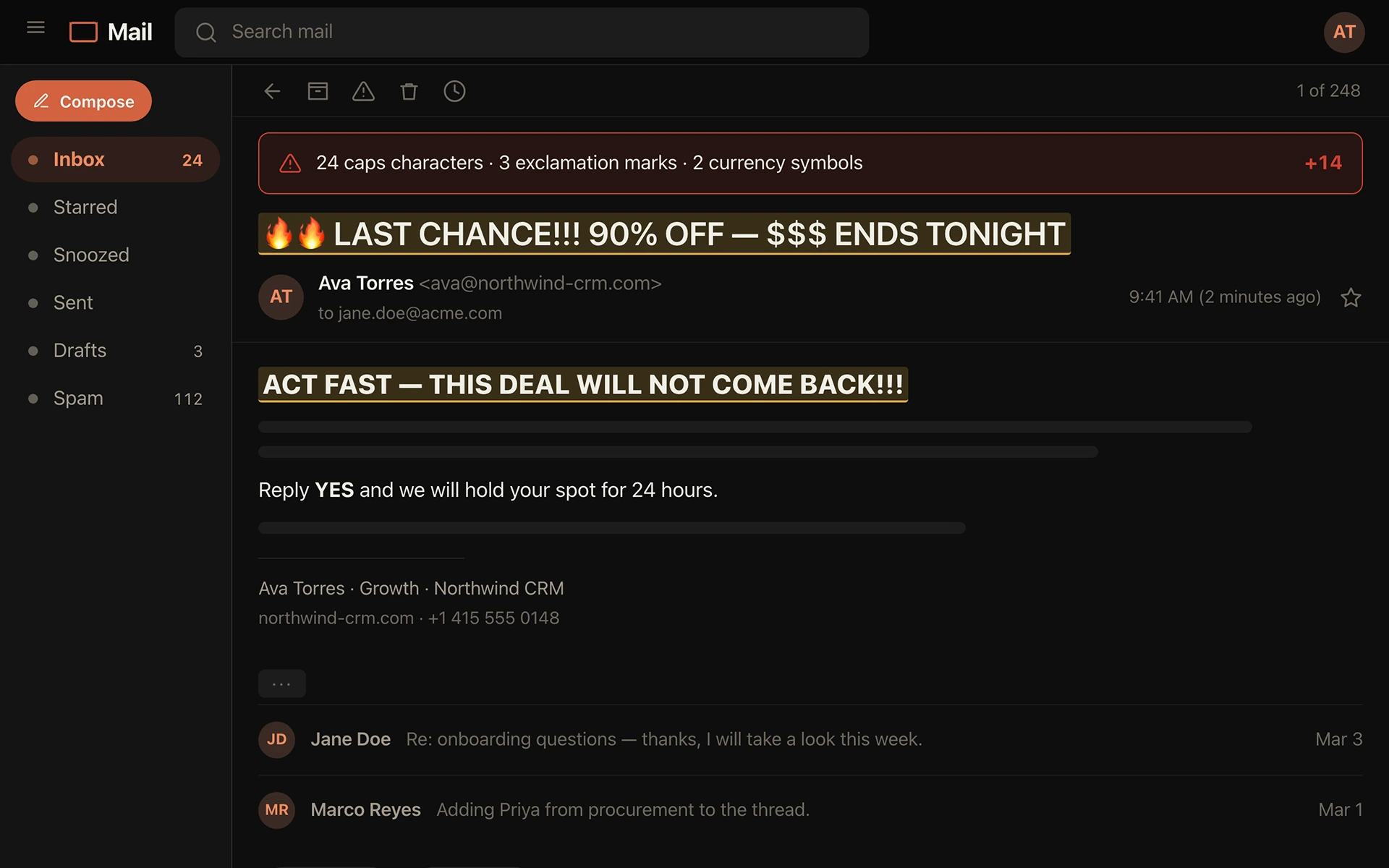 Draft review screen: an all-caps subject line with fire emoji and currency symbols highlighted, flagged for caps characters, exclamation marks and currency symbols.