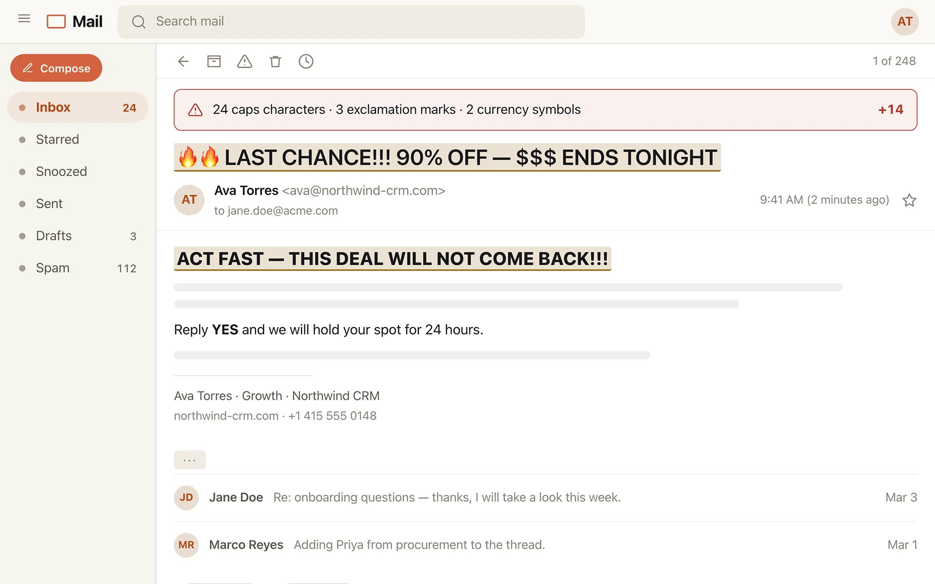 Draft review screen: an all-caps subject line with fire emoji and currency symbols highlighted, flagged for caps characters, exclamation marks and currency symbols.