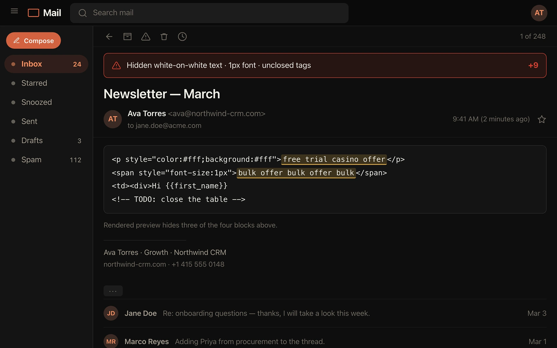 Draft review screen: raw email HTML showing white-on-white text, a one-pixel font size and an unclosed table tag, all highlighted.