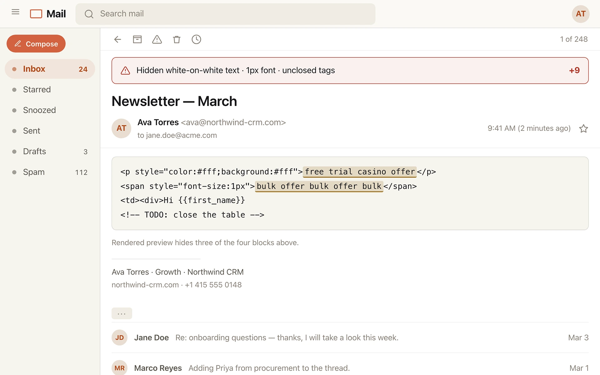 Draft review screen: raw email HTML showing white-on-white text, a one-pixel font size and an unclosed table tag, all highlighted.