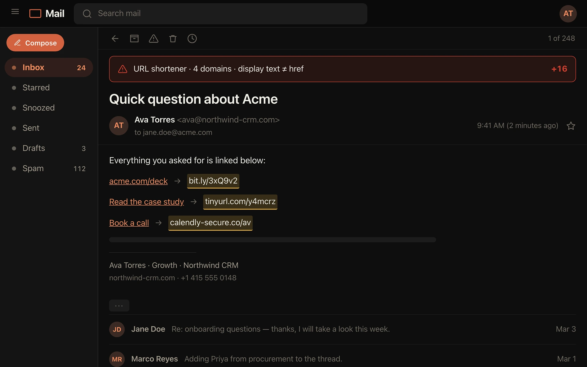 Draft review screen: three links whose display text does not match the underlying shortened URLs, flagged for shorteners and mismatched hrefs.