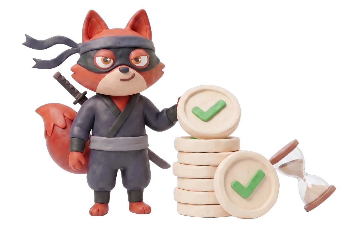 Verifox clay ninja fox illustrating free tier and credit policy against Bouncer.