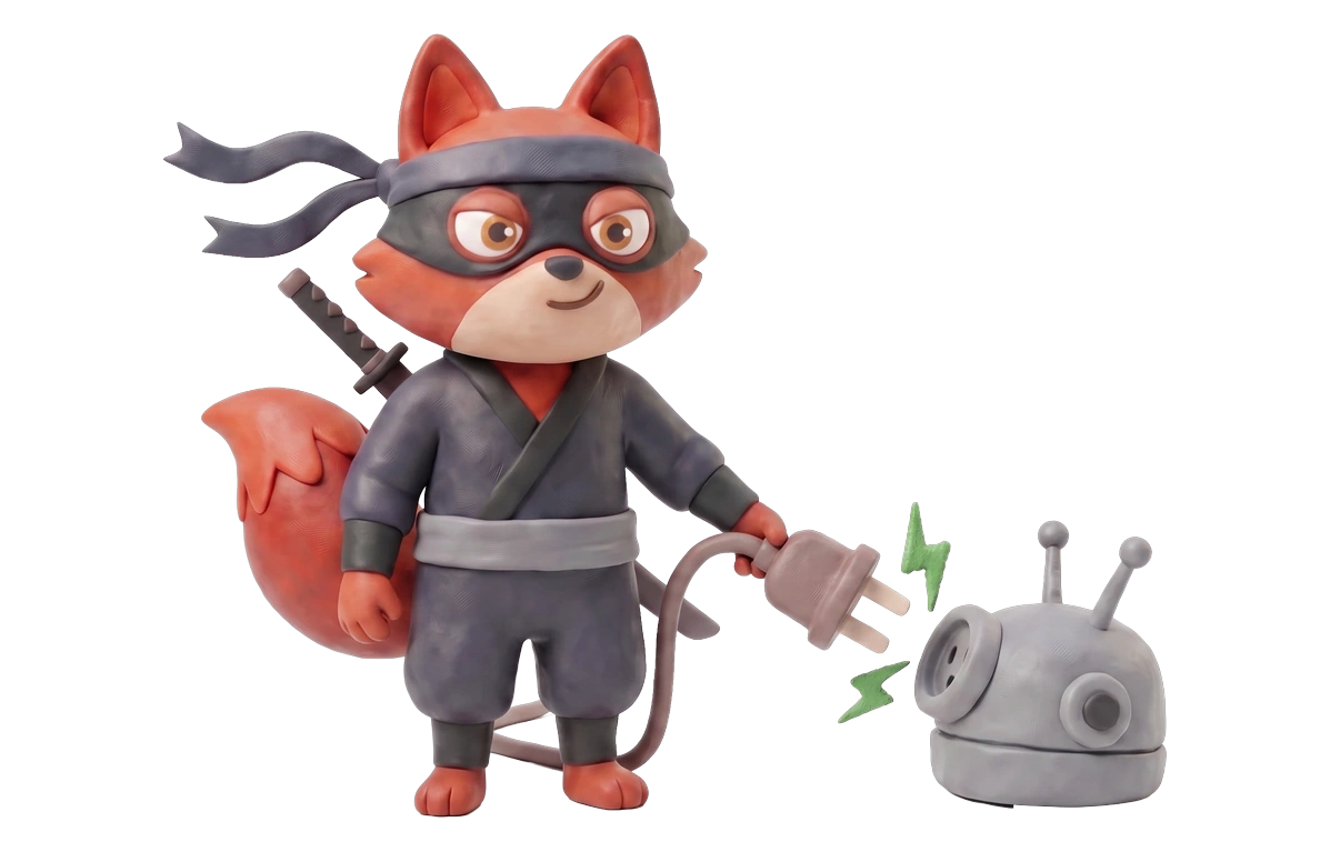 Verifox clay ninja fox illustrating built for ai agents against Bouncer.