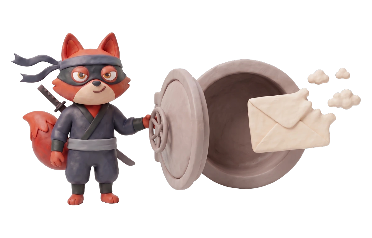 Verifox clay ninja fox illustrating privacy by architecture against Bouncer.