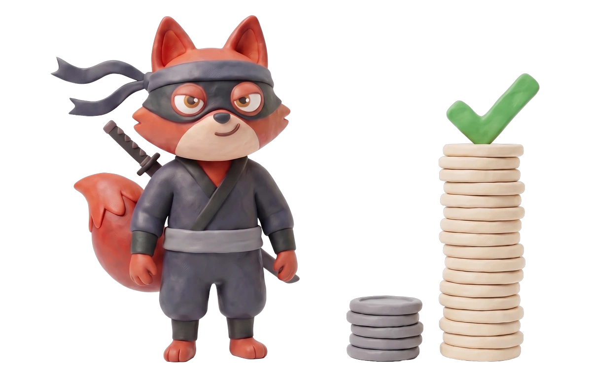 Verifox clay ninja fox illustrating free tier and credit policy against Clearout.