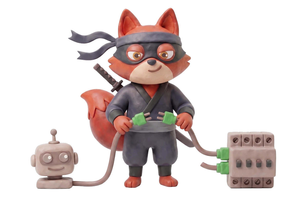 Verifox clay ninja fox illustrating built for ai agents against Clearout.