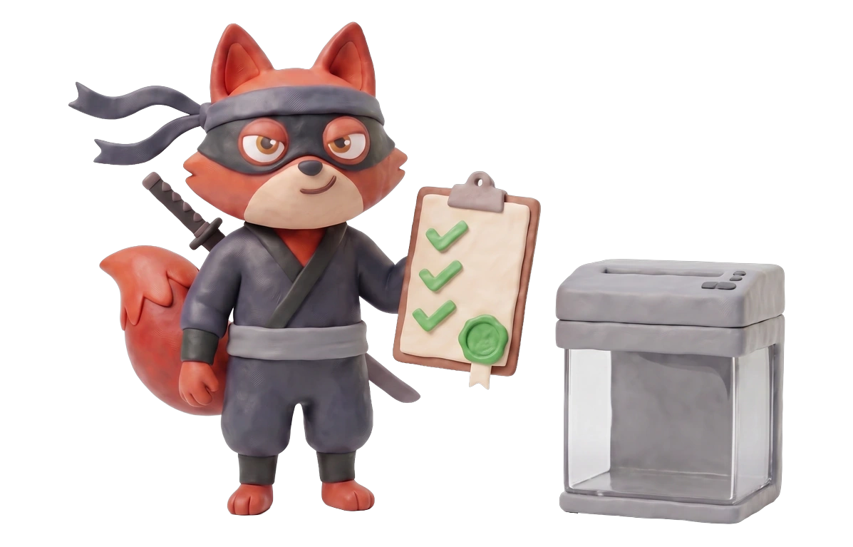 Verifox clay ninja fox illustrating privacy by architecture against Clearout.