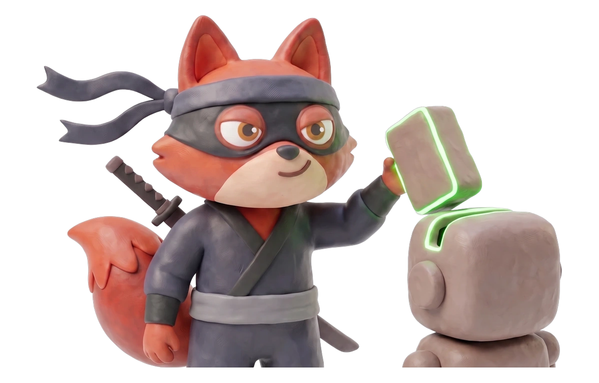 Verifox clay ninja fox illustrating built for ai agents against Hunter.