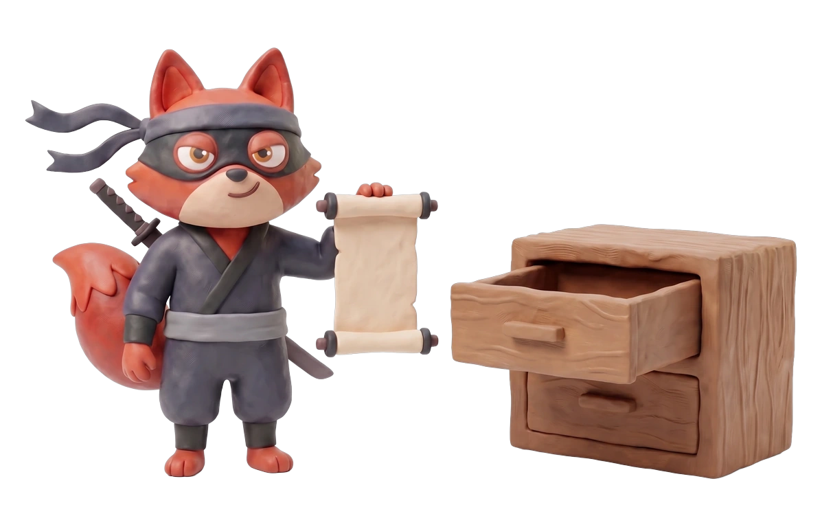 Verifox clay ninja fox illustrating privacy by architecture against Hunter.