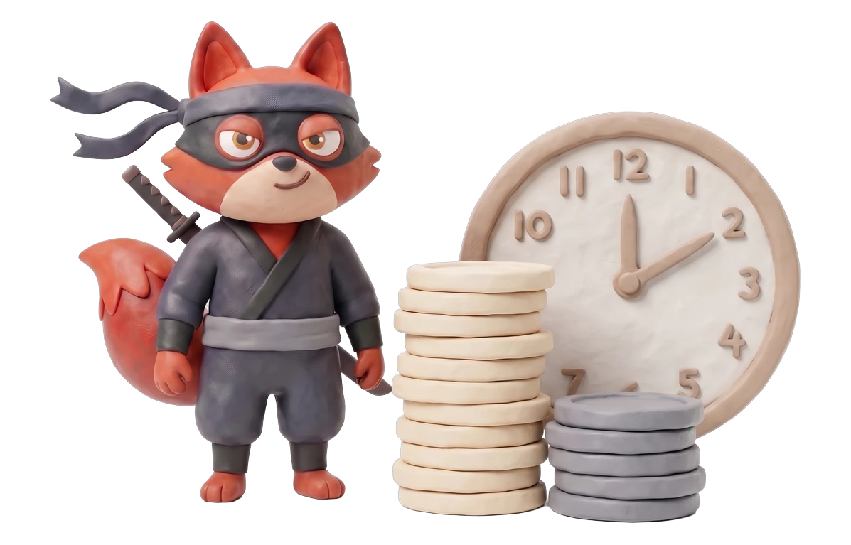 Verifox clay ninja fox illustrating free tier and credit policy against Kickbox.