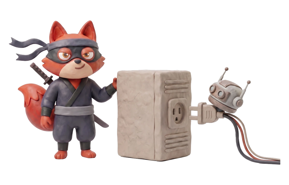 Verifox clay ninja fox illustrating built for ai agents against Kickbox.