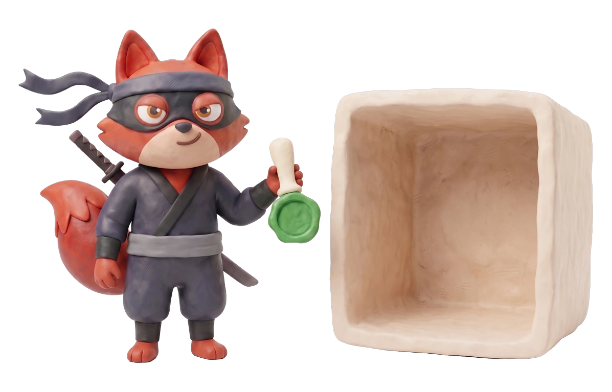 Verifox clay ninja fox illustrating privacy by architecture against Kickbox.