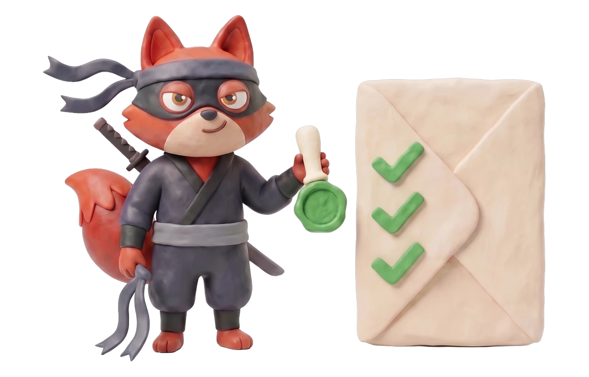 Verifox clay ninja fox illustrating catch-all scoring against NeverBounce.