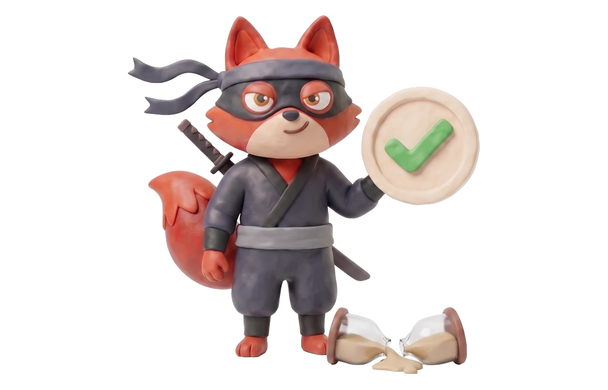 Verifox clay ninja fox illustrating the 12-month clock against NeverBounce.