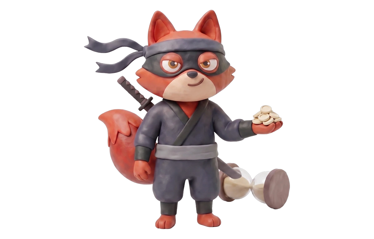 Verifox clay ninja fox illustrating free tier and credit policy against ZeroBounce.