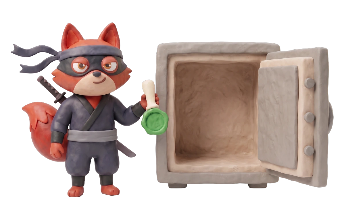 Verifox clay ninja fox illustrating privacy by architecture against ZeroBounce.